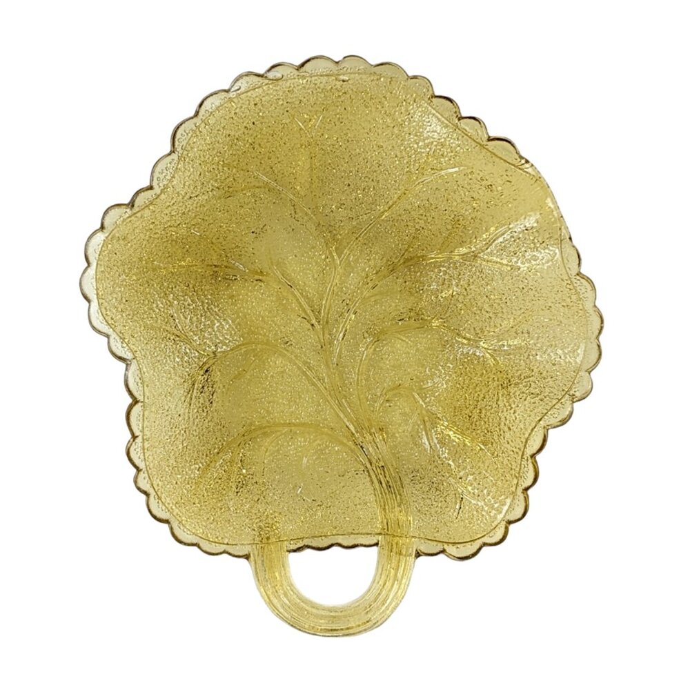 Glass Leaf Dish Pebbled Scalloped Edge Yellow 5"